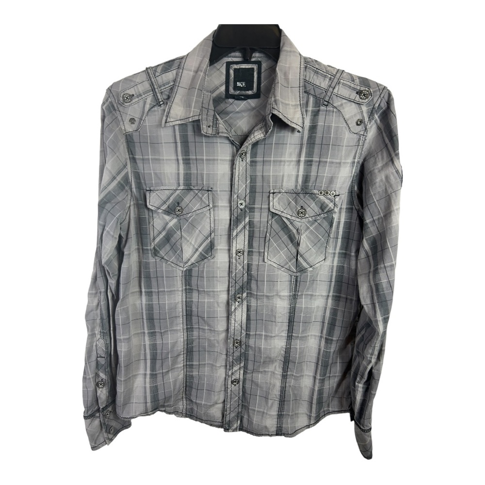BKE Shirt Mens size M Black Plaid Fit Button Roll Tab Sleeves Collared X203
